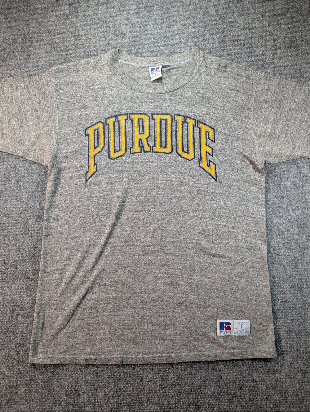 Vintage 80s Russell Athletic Large Gray Purdue Spellout T Shirt Single Stitch